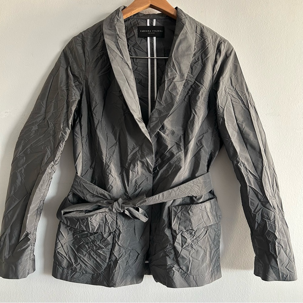 Fabiana Filippi Crinkled Grey Belted Single breasted Single Button Blazer